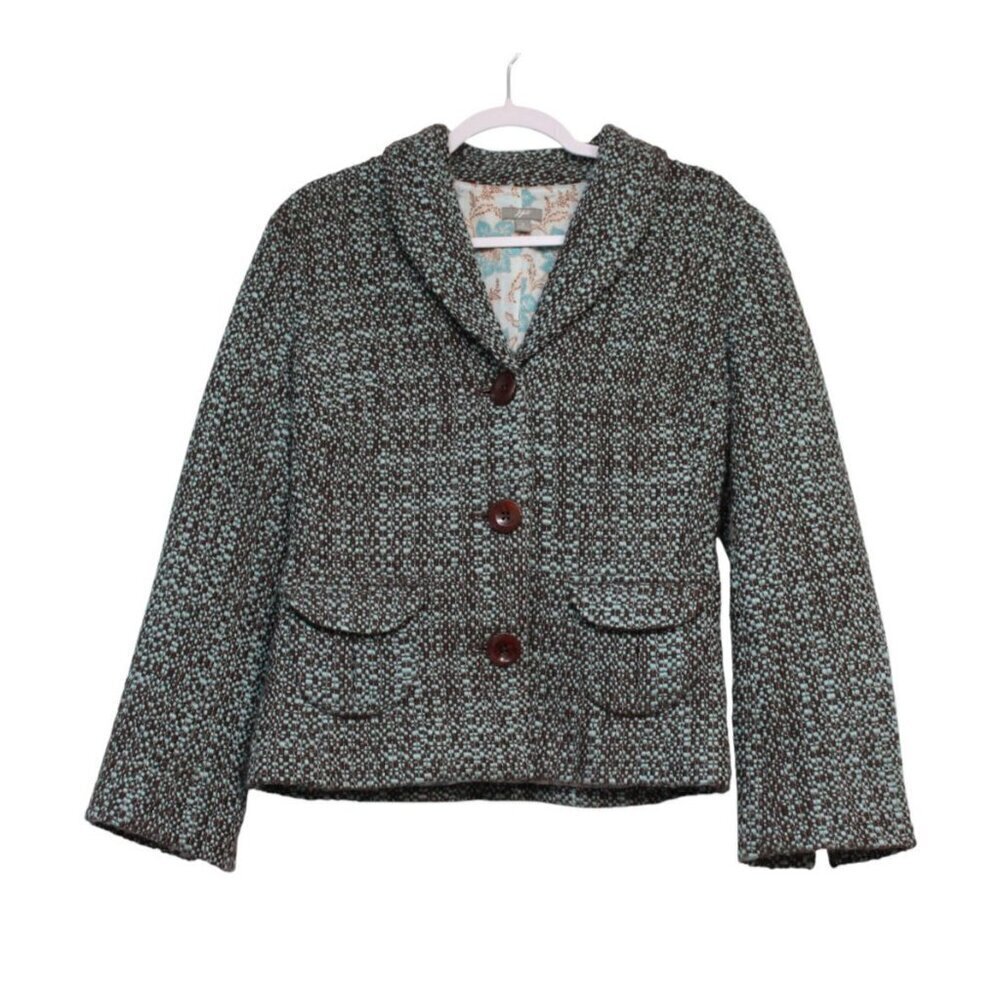 Vintage J Jill Blazer Jacket Size 8 Blue Brown Tweed Preppy Wool Blend Classic